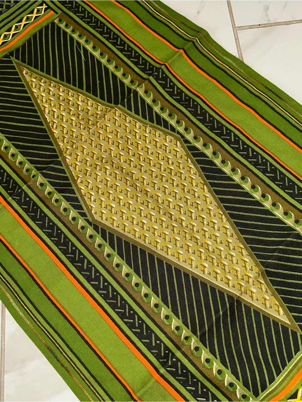 Vintage Caicara Brasil Woven Table Runner Green Orange Geometric Boho Fringe 33